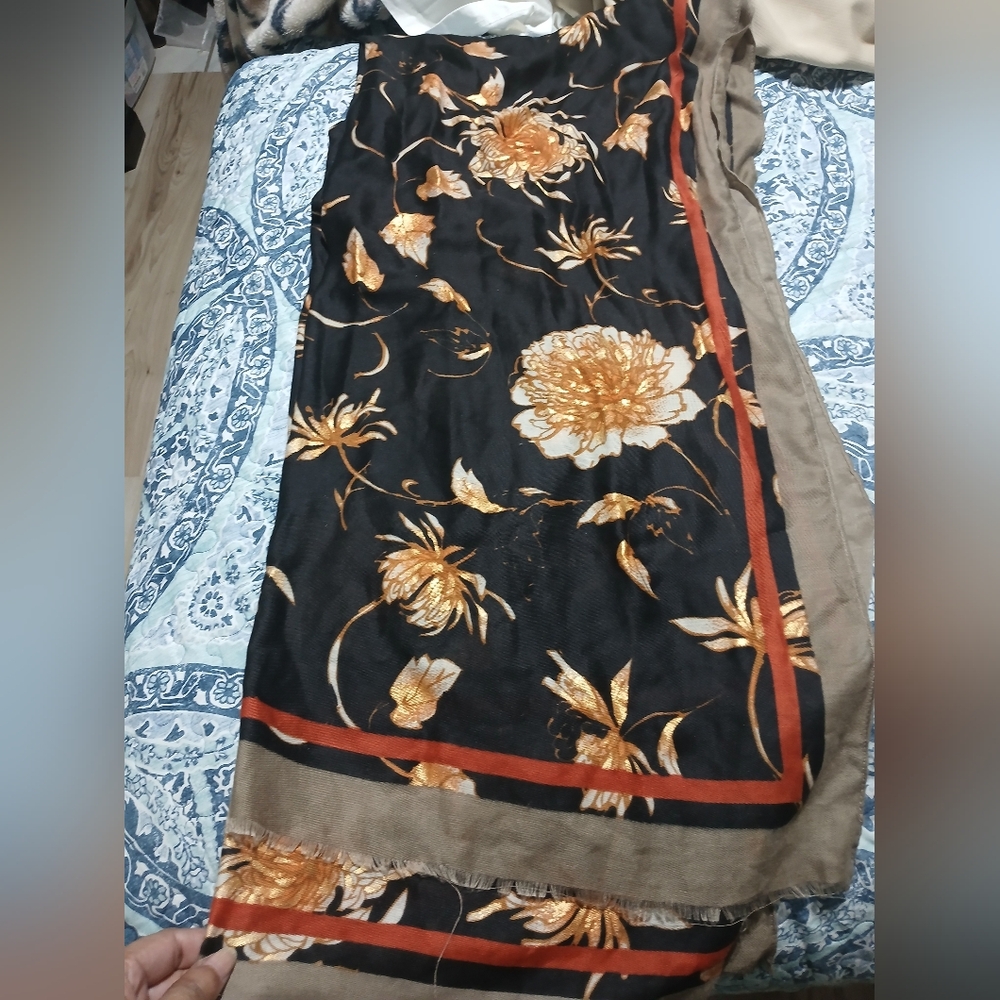 Floral Black & Gold Women's Dress with Brown Blanket Wrap Scarf Shawl